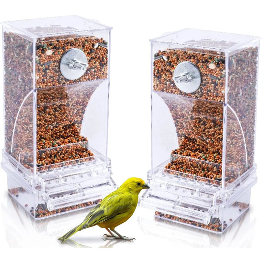 Automatic No-Mess Bird Cage Feeders - 2-Pack Transparent Seed Containers with Perch for Small and Medium Lovebirds and Parakeets